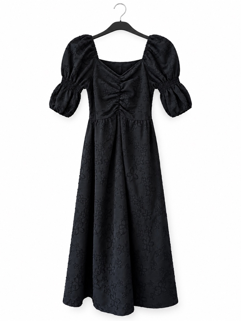 Women's Black Puff-Sleeve Midi Dress with Ruched Bodice - Picture 2 of 5